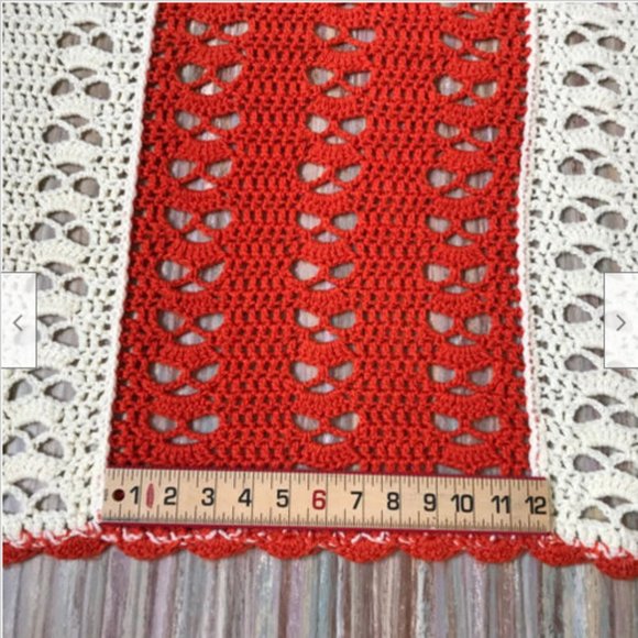 Ivory & Orange Hand Crochet Afghan Throw Blanket Open Fan Stitch 64x72" - Picture 4 of 5